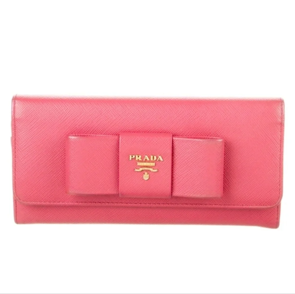 Prada Saffiano Leather Pink Ribbon Gold Long Wallet Guaranteed 100% Authentic - Picture 1 of 13